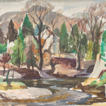 ABT, Riverbank with House and Hills through the Trees, watercolour on paper, 38 x 49.5 cm