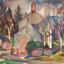 ABT Village Church with Trees, watercolour on paper, 38 x 50.5 cm